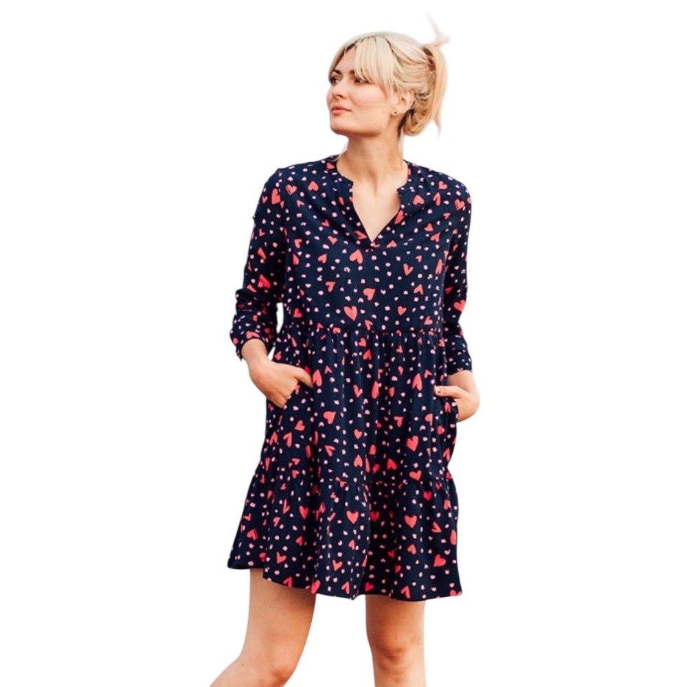 Sugarhill Brighton Navy Heart Print Smock Dress Tiered Long Sleeve Pockets US 10